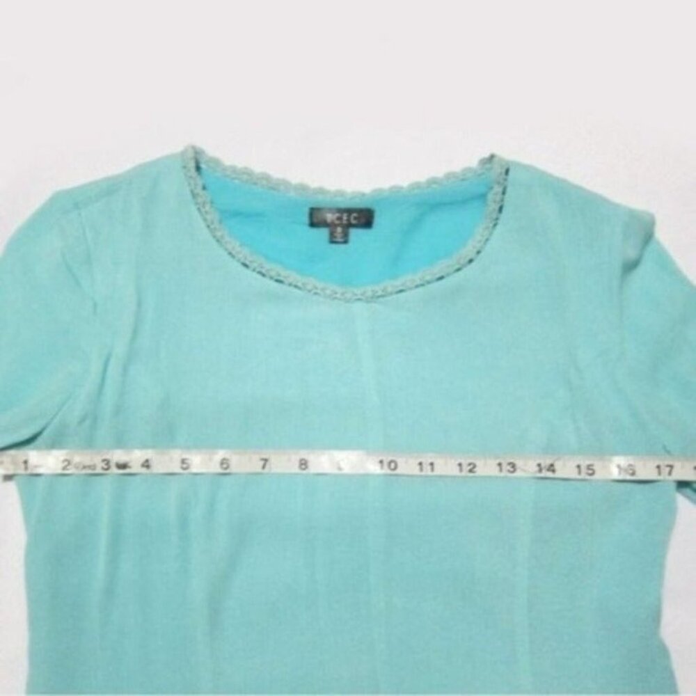 Small A-line Mini Dress Aqua Teal Blue Long Bell Sleeves w/ Lace Scoop Neck NEW - Picture 11 of 12